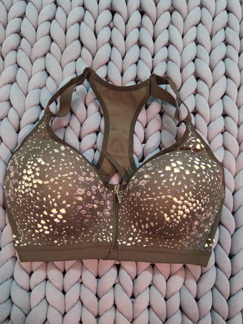 Victoria's Secret Knockout.Women’s Black and Gray Leopard Front-Zip Sports Bra